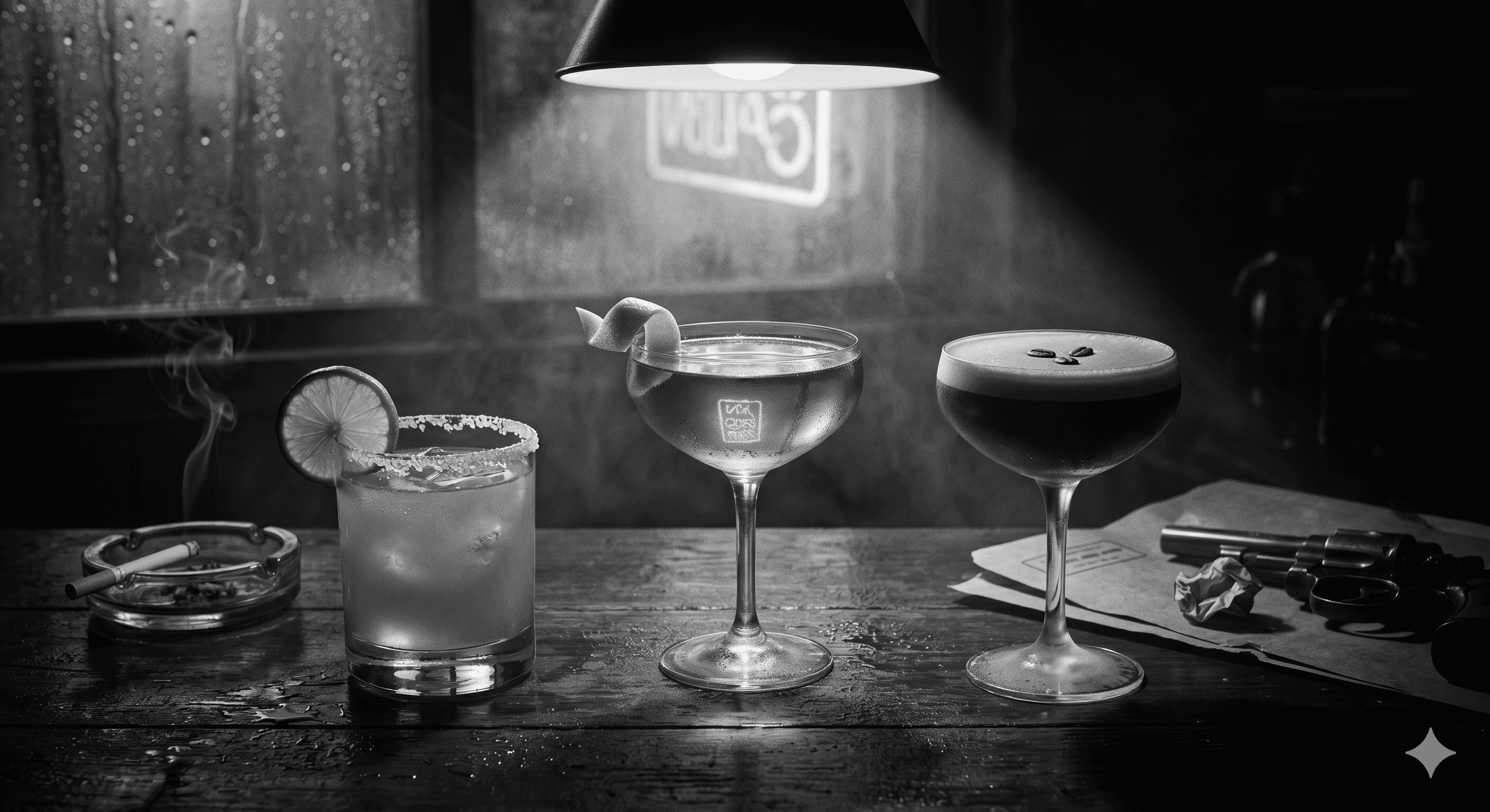 The three noir cocktails: Margarita, Sevilla Sunset, and Cold Case.